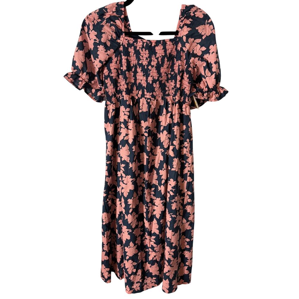 The Nines by Hatch Maternity Dress S Floral Smocked Midi Cotton Puff Sleeve